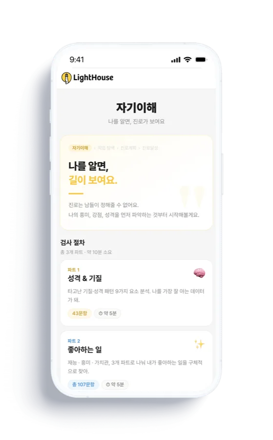 자기이해 검사 소개 화면 — 5가지 검사 절차와 소요 시간