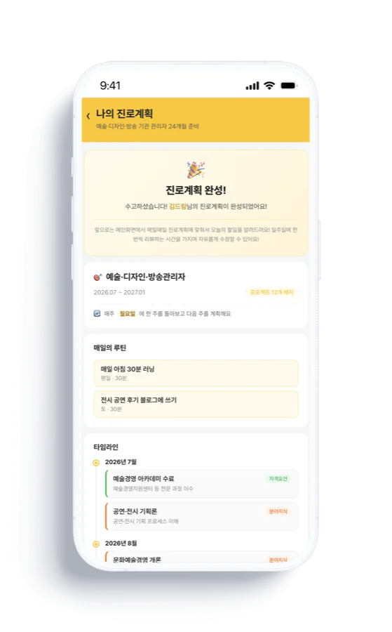 진로계획 완성 화면 — 매일의 루틴과 전체 타임라인