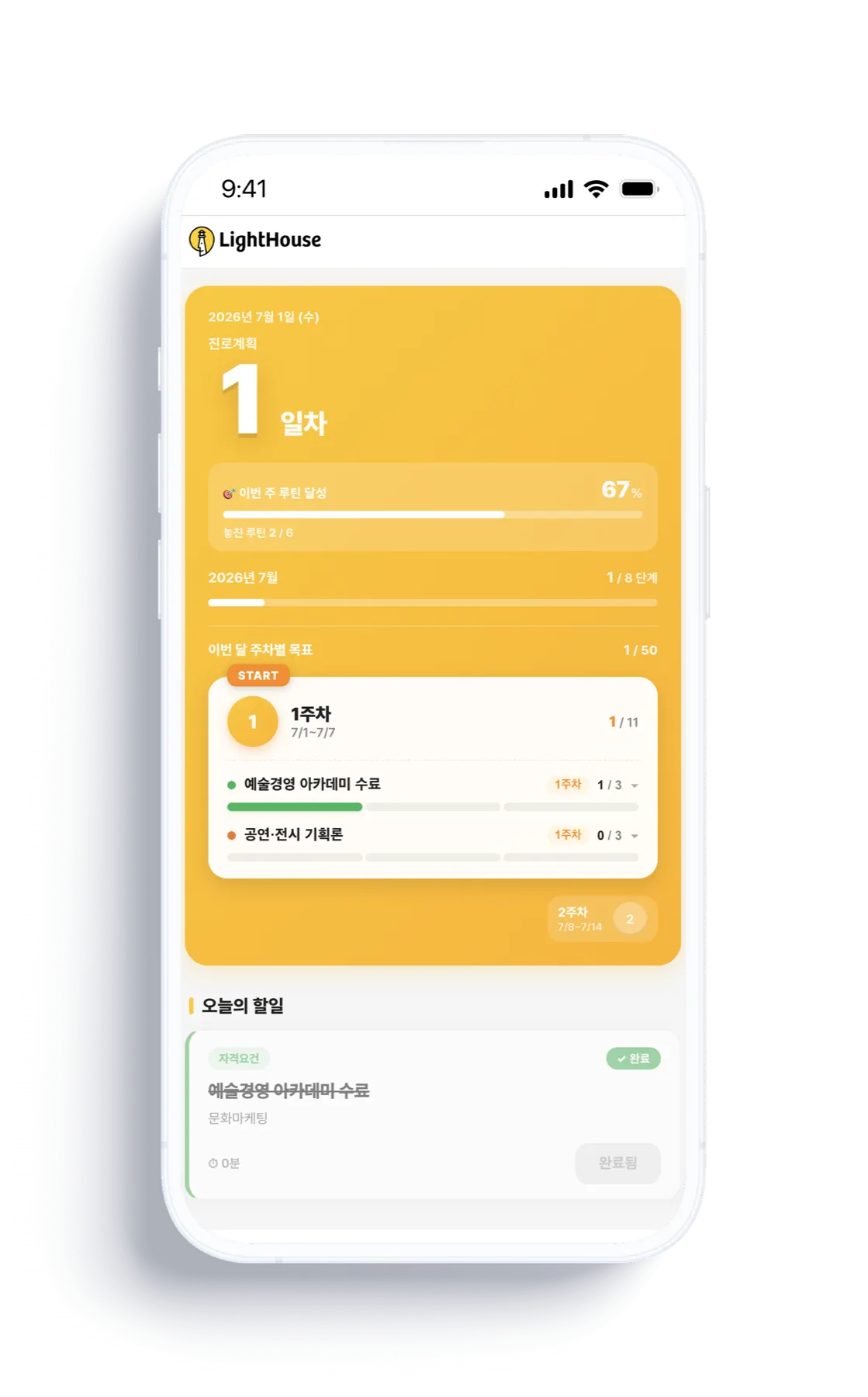 진로달성 메인 화면 — 오늘의 할일과 주차별 목표 진행률